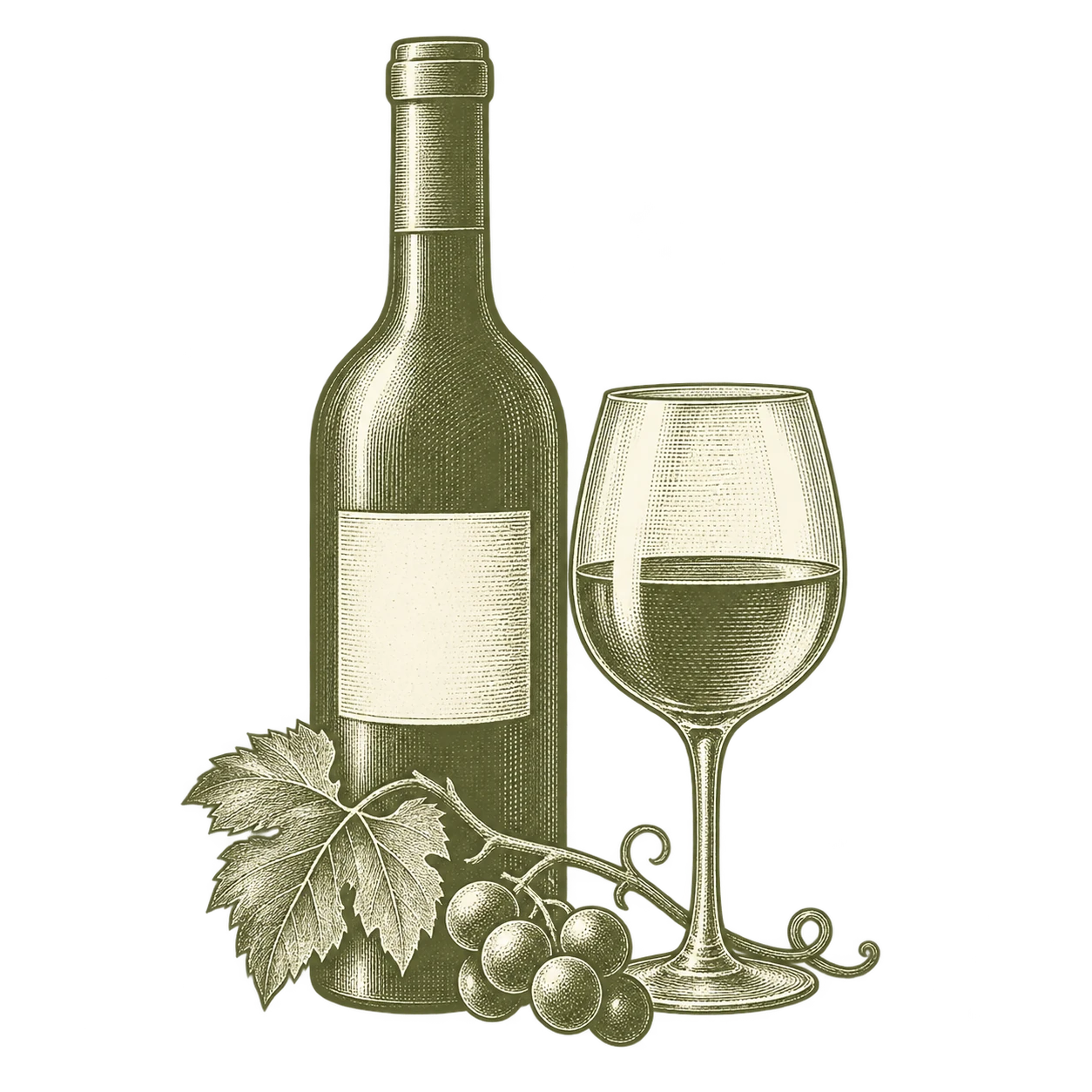 Illustration einer Weinflasche mit Glas und Trauben